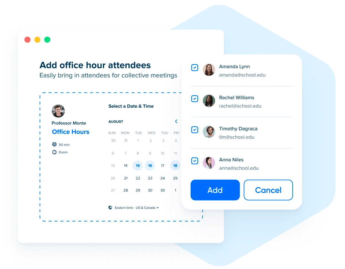 Stylized screenshot showing the booking page for an Office Hours Event in Calendly, where multiple students can sign up for the same time slot.