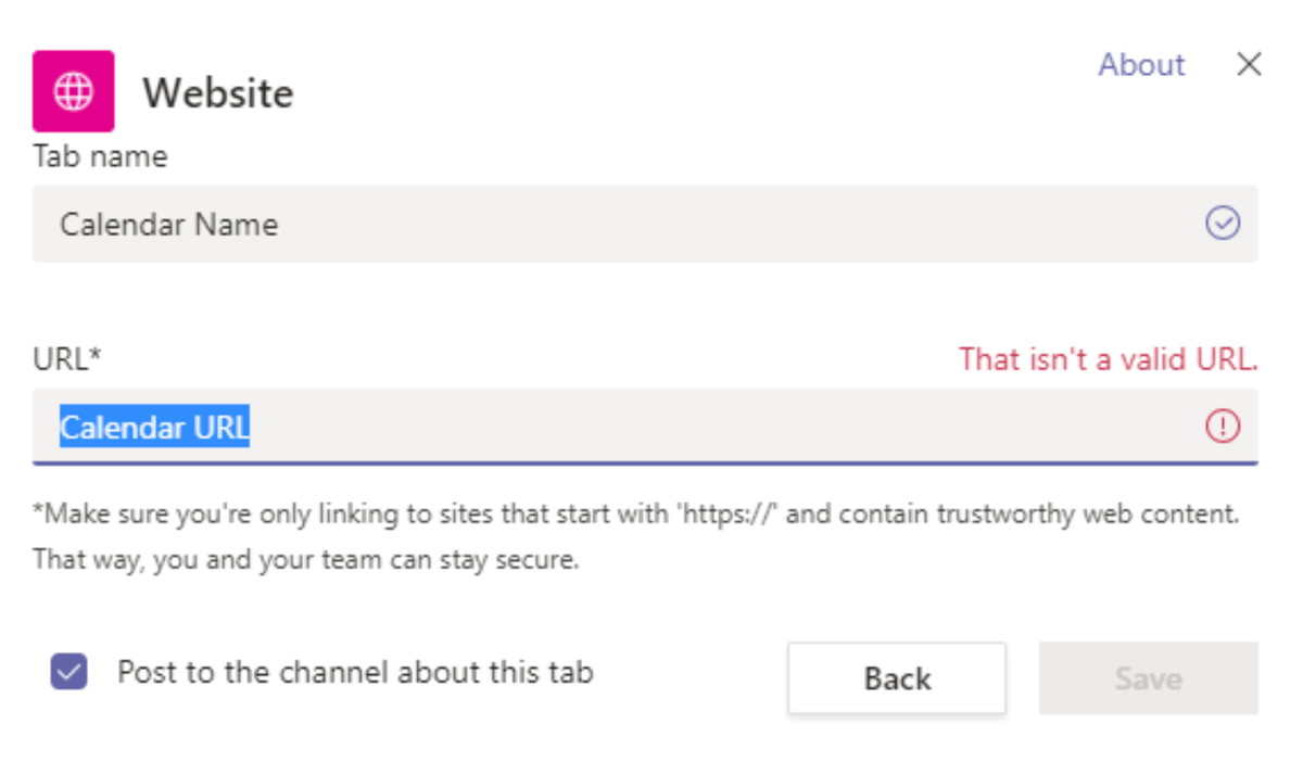 Screenshot of adding a website tab to a Microsoft Teams channel.