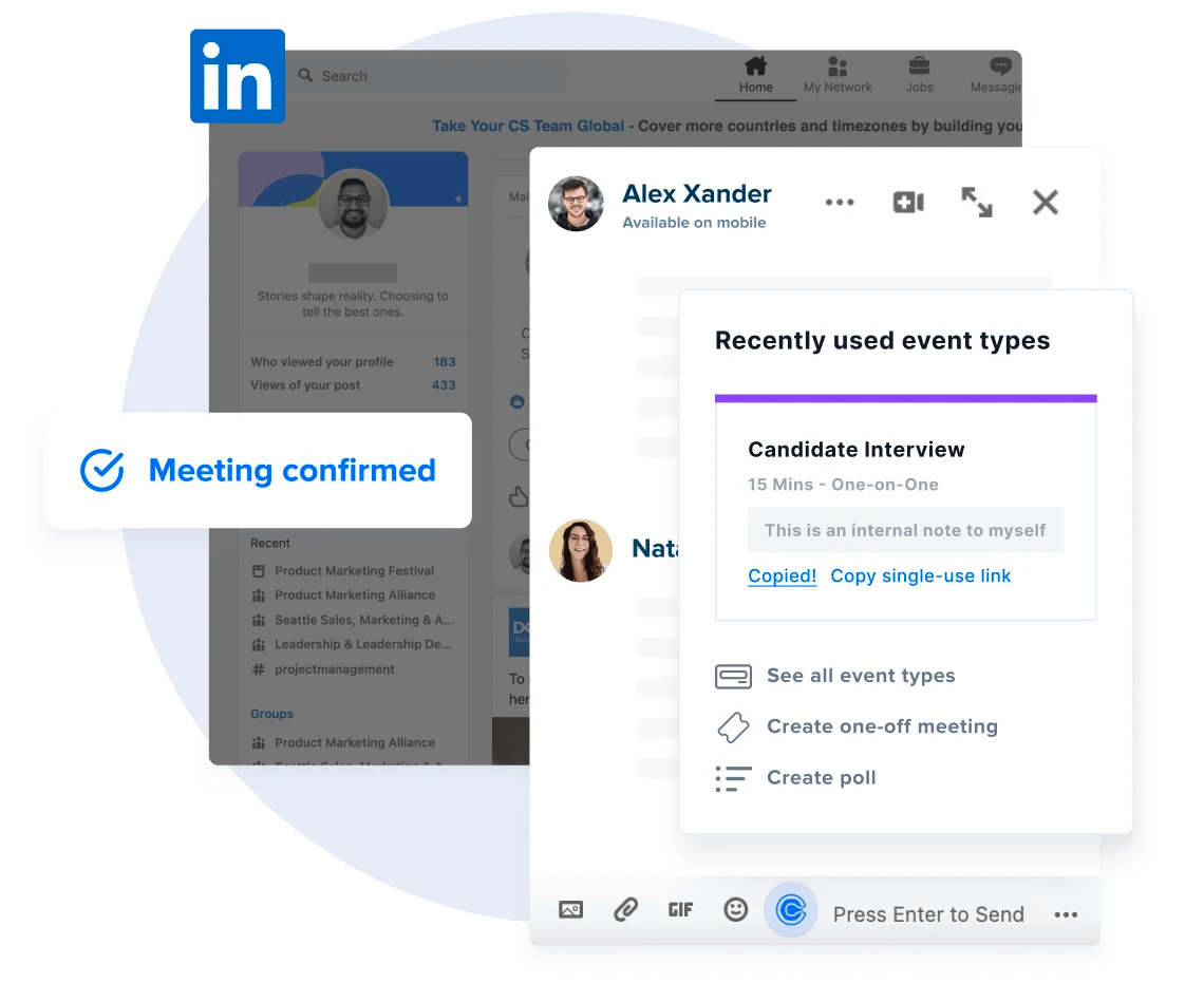 Stylized screenshot of LinkedIn Messenger with the Calendly browser extension. A "Candidate Interview" Event Type is added to a LinkedIn message.
