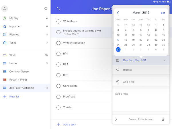Student planner apps - blog - Microsoft To Do screenshot