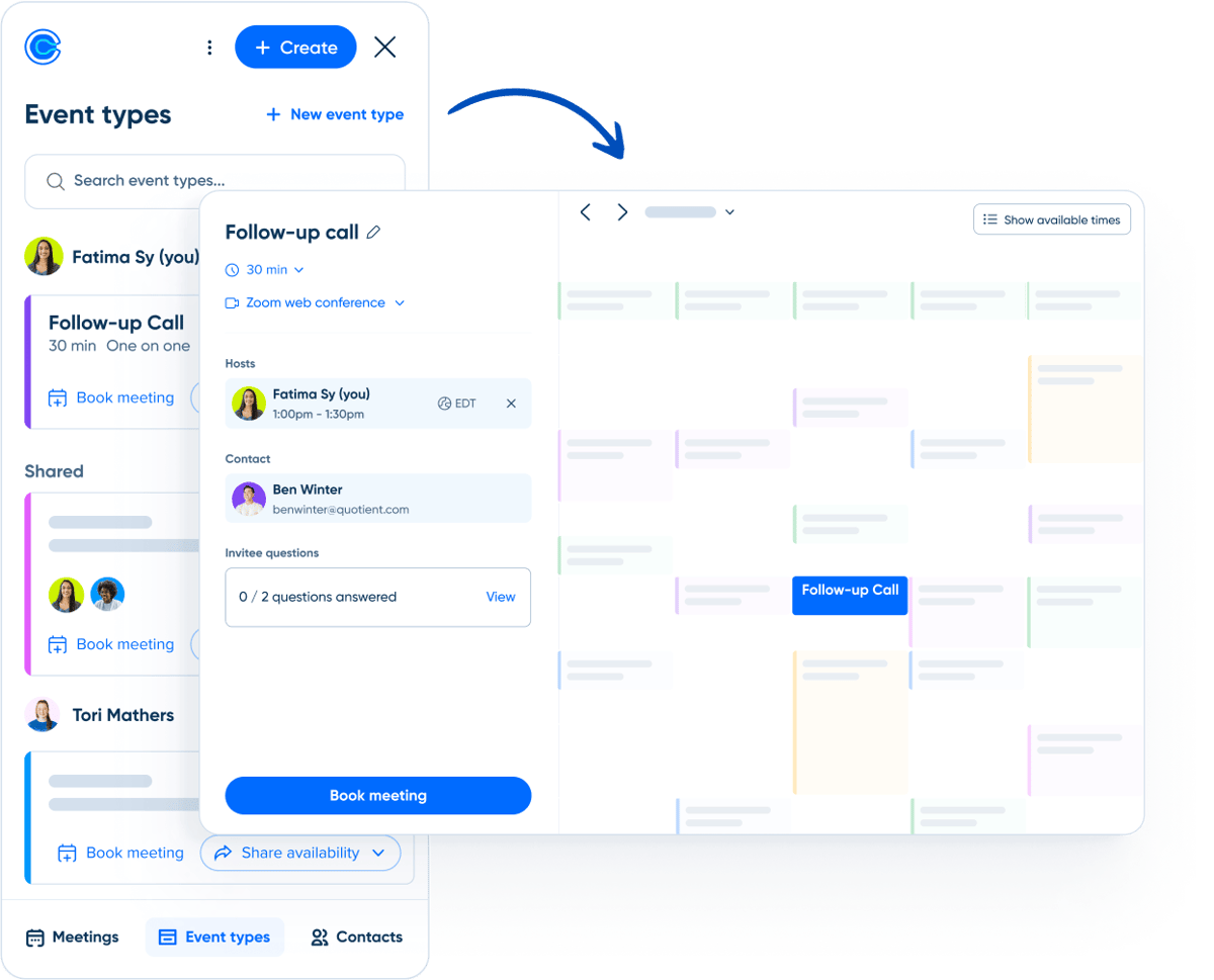 Stylized screenshot of real-time booking from the Calendly browser extension. A calendar shows available times for a follow-up call, so the host can book in one click.