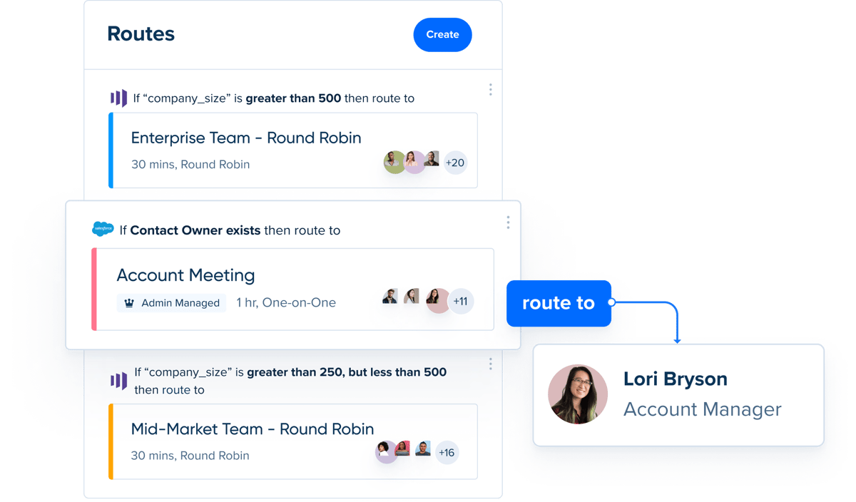 Stylized screenshot showing how Calendly Routing uses form responses to match known leads with their account owner.