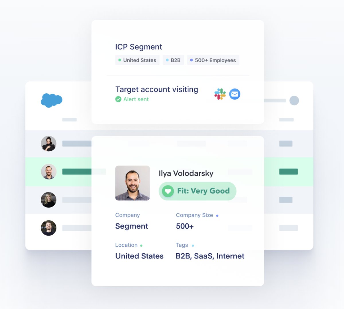 Screenshot showing how Clearbit works with multiple sales tools to give you a well-rounded understanding of your prospect.