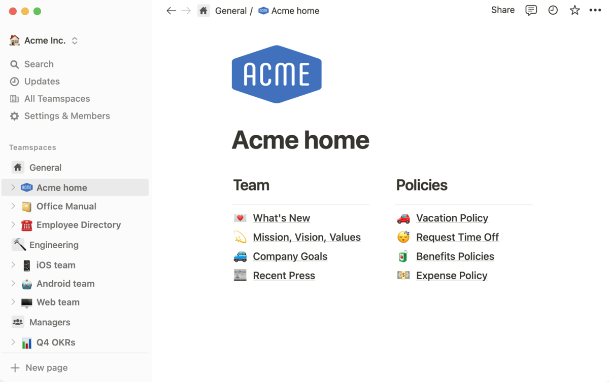 In Notion, you can create team spaces, take meeting notes, and build all types of documents, dashboards, websites, or wikis for collaborating with team members.