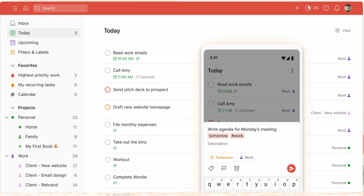 Todoist is a task management and to-do list software that lets you organize and track your tasks and projects. You can also connect your email, calendar, and files to Todoist to simplify workflows.