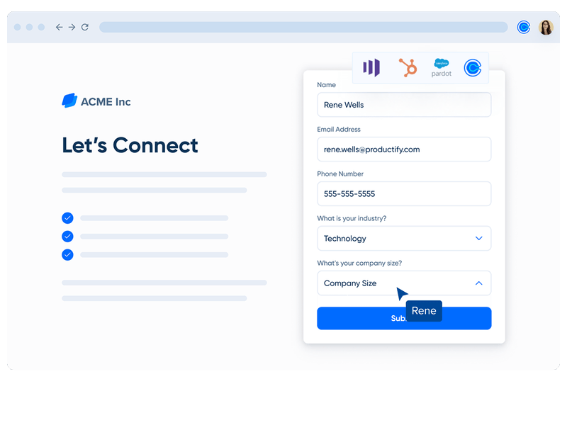 GIF illustrating how a user fills out a website contact form and is routed to a Calendly booking page.